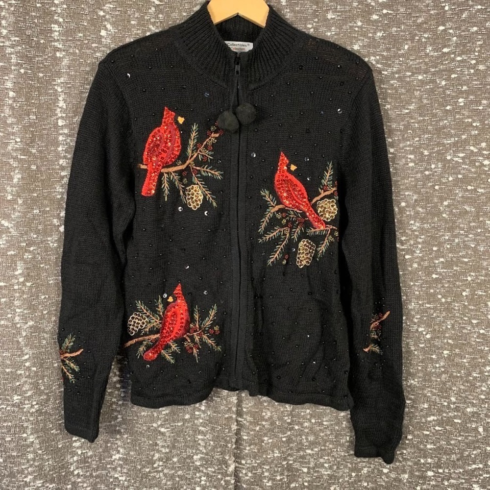 Vintage Heirloom Collectibles Cardinal Knit Full Zip Sweater Christmas Womens PS